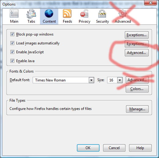 Firefox Advanced Content options screen