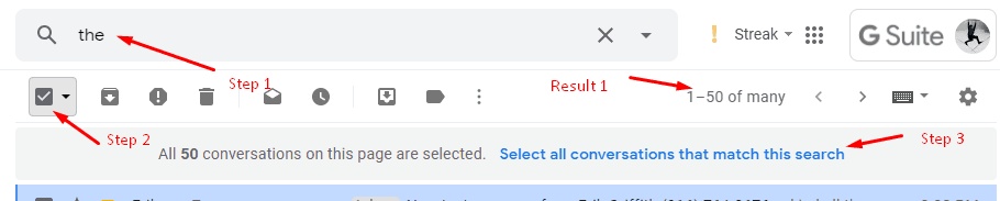 Screenshot of GMail search results with link to select all messages matching the search
